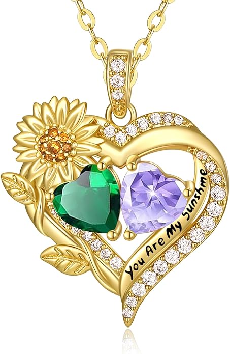 Sunflower Heart Necklace for Women 14K Gold Exquisite Anniversary Birthday Gifts for Wife Mother Her Double Birthstone Pendant jewelry‘You Are My Sunshine’
