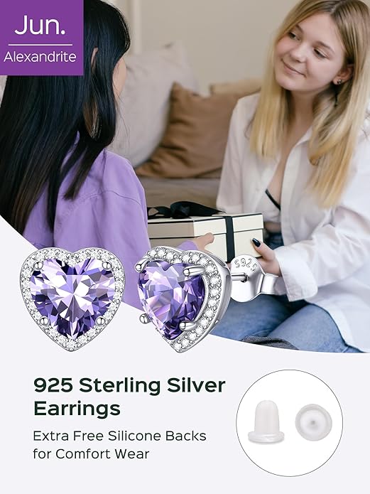 ChicSilver 925 Sterling Silver Birthstone Earrings for Women, 8MM/2 Carat Heart & Round Cubic Zirconia Stud Earrings, Hypoallergenic Jewelry, Ideal Birthday or Christmas Gifts