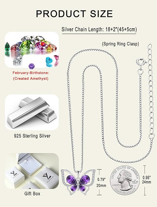 YL Women's Butterfly Necklace 925 Sterling Silver Flower Rose Pendant Birthstone Halo Jewelry