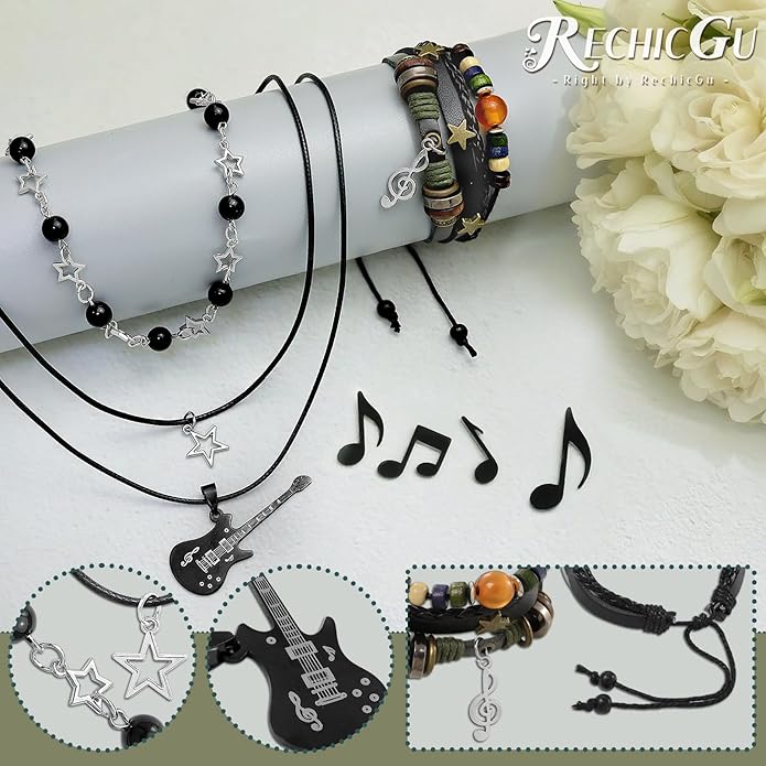 Multilayer Y2k Star Necklace Fairy Grunge Bracelets Set Handmade Fairycore Grunge Jewelry Gothic Swirl Star Necklace Punk Rock Roll Music Guitar Grunge Accessories for Women Men