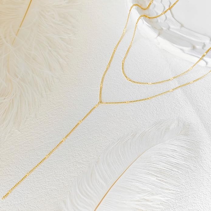 Luxval Lariat Gold Necklace for Women, Dainty Long Necklace 14k Gold Plated/Silver Y-Shaped Pendant Necklaces Trendy Beaded Chain Drop Necklaces Jewelry for Women Gifts