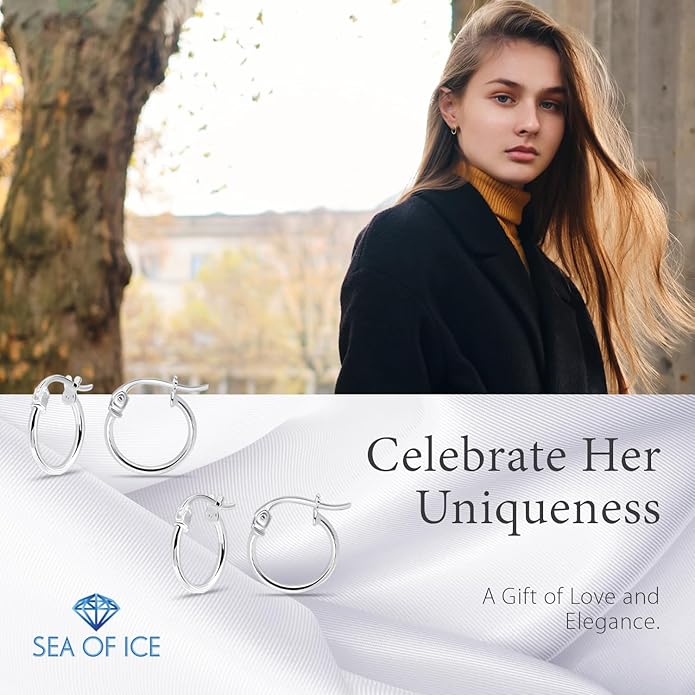 SEA OF ICE 925 Sterling Silver Hoop Earrings for Women - Hypoallergenic Earrings for Women in Sterling Silver, Yellow Gold, Rose Gold or Black Rhodium | Sizes 12MM, 15MM, 20MM or Multipack