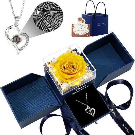 Birthday Gifts for Women, Preserved Real Roses with Heart Necklace I Love You in 100 Languages, Romantic Anniversary Wedding Gifts for Women Her Girlfriend Wife, Forever Roses Necklace Gift Box Yellow