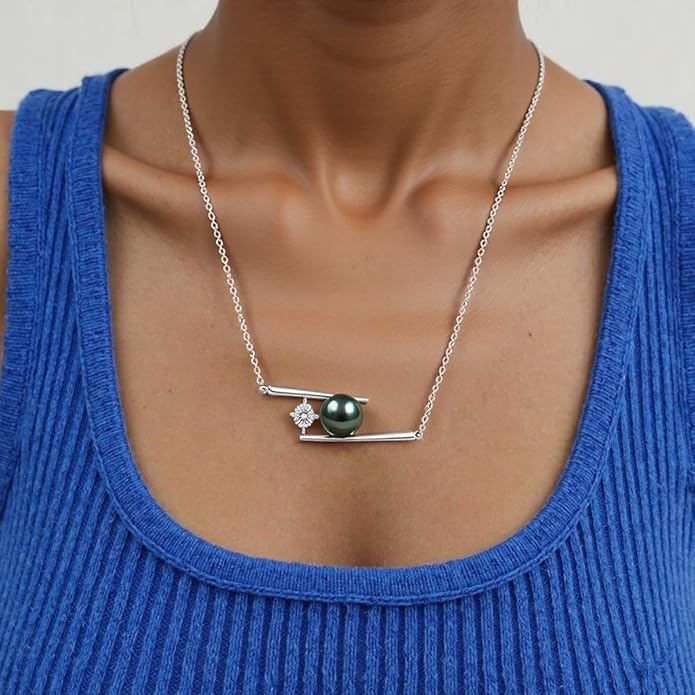 Genuine Tahitian Black Pearl Necklace for Women, 9-11mm AAAA Seawater Pearl with Sterling Silver Moissanite Pendant, Jewelry Gift for Wife, Mom, Girlfriend, Wedding Anniversary, Birthday, Christmas
