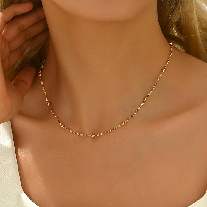 Dainty Chain Necklace for Women, 18K Gold Plated Coin Disc Choker Necklaces Simple Satellite Beaded Twisted Thin Paper Clip Chain Everyday Jewelry Gifts