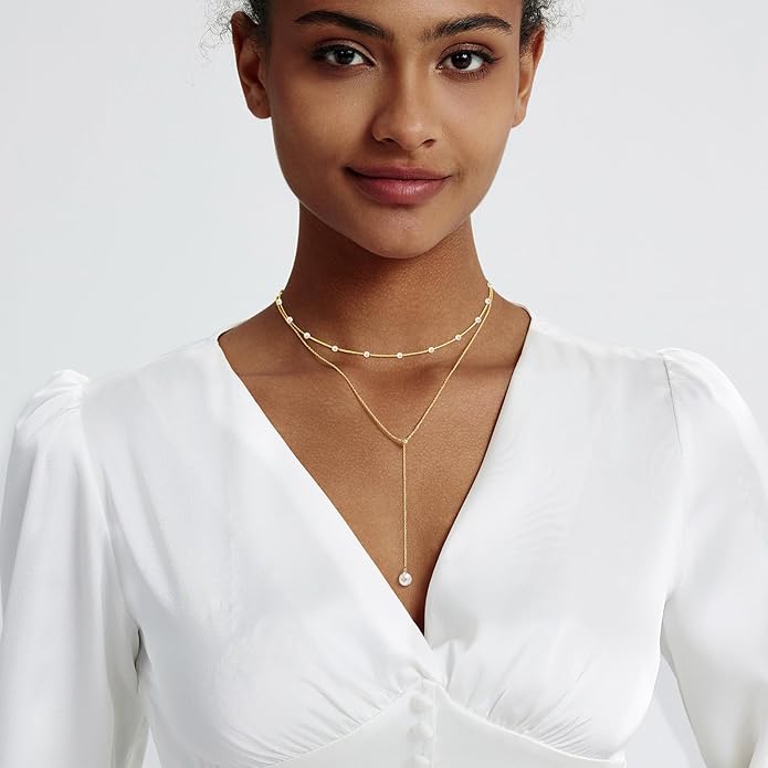 OGD Gold Pearl Necklaces Set for Women 14K Gold Plated Dainty Layered Pearl Cute Daisy Pearl Choker Gold Necklace Gifts for Women Gold Trendy Jewelry Gifts