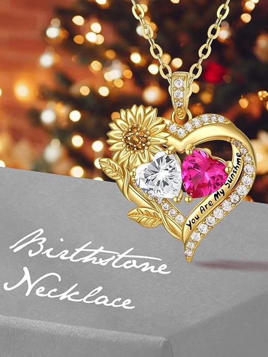 Sunflower Heart Necklace for Women 14K Gold Exquisite Anniversary Birthday Gifts for Wife Mother Her Double Birthstone Pendant jewelry‘You Are My Sunshine’
