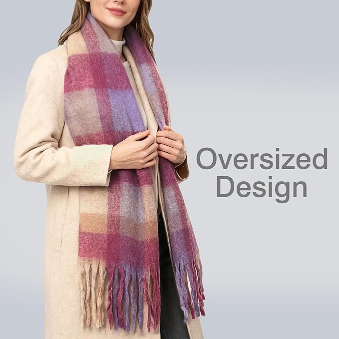 SHOHOKU Large Chunky Plaid Scarf Coloured Checked Oversized Scarf Tassel Soft Fall Winter Thick Warm Shawl Women