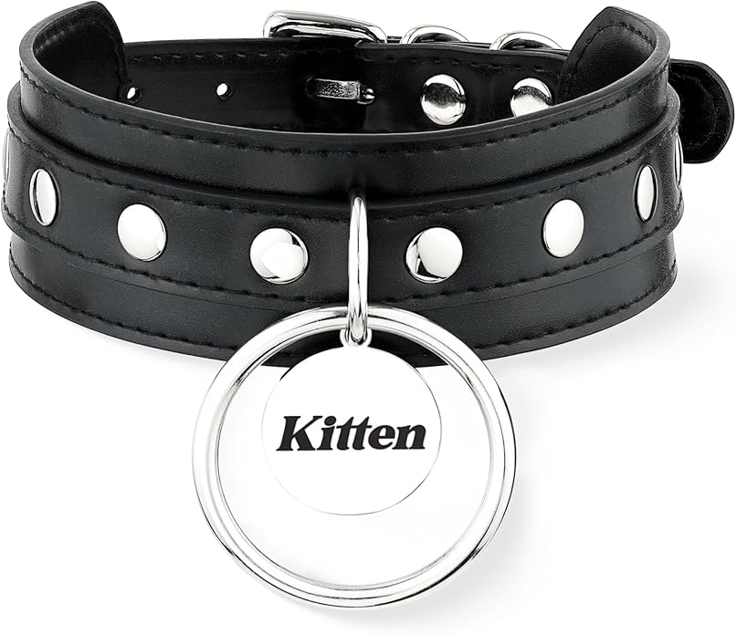 Black O-ring Leather Choker Collar for Women, Gothic Punk Style Adjustable Choker Necklace with Rivets and Engraved Letters Steel Tag