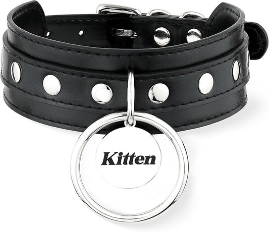 Black O-ring Leather Choker Collar for Women, Gothic Punk Style Adjustable Choker Necklace with Rivets and Engraved Letters Steel Tag