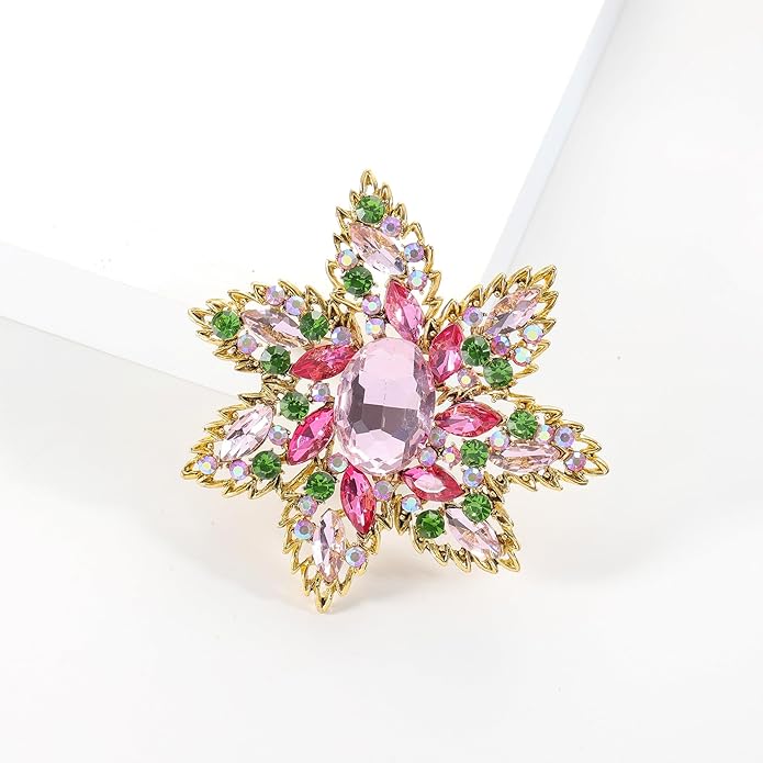 YOQUCOL Vintage Austrian Crystal Rhinestone Flower Shape Big Large Brooch Pin For Women Grils Golden Tone