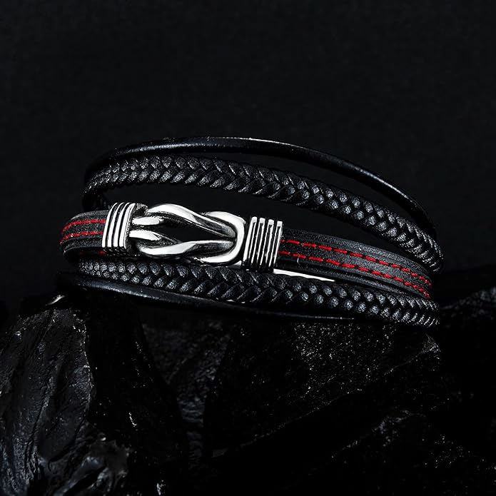 Italian Handmade Genuine Leather Bracelets for Men Stainless Steel Clip, Men's Casual Genuine Multi-layer Cuff Bracelet, Bracelet Gift for Real Men