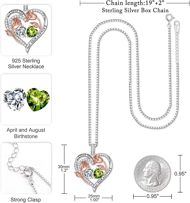 Iefil Birthstone Necklace for Women - 925 Sterling Silver Rose Heart Birthstone Necklace Birthday Anniversary Jewelry Gifts for Her Wife Mom Daughter