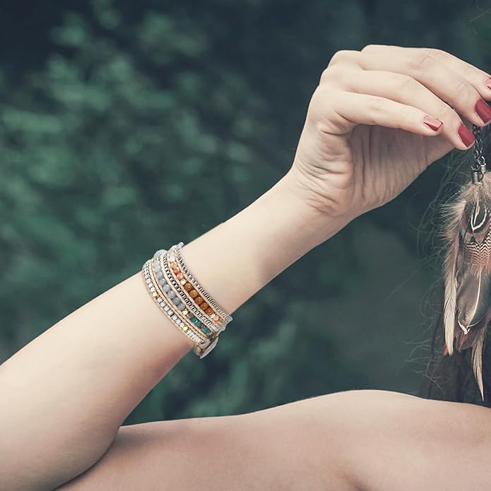 Boho 5 Wrap Bead Bracelet for Men Women - Handmade Adjustable Natural Chakras Stone Crystal Beaded Bracelets Cuff Rope Yoga Healing Bracelet Bangle Hippie Jewelry