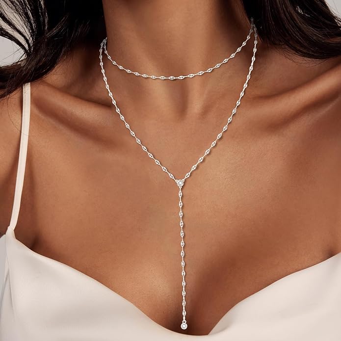 Luxval Lariat Gold Necklace for Women, Dainty Long Necklace 14k Gold Plated/Silver Y-Shaped Pendant Necklaces Trendy Beaded Chain Drop Necklaces Jewelry for Women Gifts