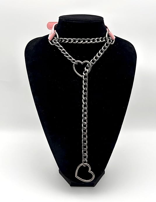 Black Leather Choker Collar For Women, Handmade Heart Slip Chain Choker Long Necklace with Adjustable Buckle