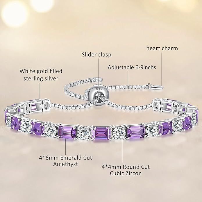 Birthstone Tennis Bracelets for Women White Gold Sterling Silver Gemstone Bracelets Adjustable Chain 6-9 Inchs Jewelry Anniversary Birthday Gifts for Women Mom Wife Her