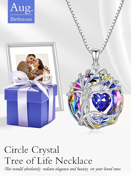TOUPOP Christmas Gifts Tree of Life Birthstone Necklace 925 Sterling Silver Pendant Austrian Crystal Jewelry Anniversary Birthday Gifts for Women Mom Her Wife
