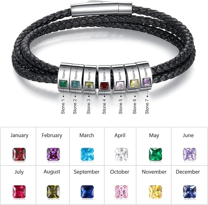 kaululu Custom Leather Bracelet for Men with 1/2/3/4/5/6/7/8 Birthstones Engraved Stainless Steel Beads Personalized Names Bracelet for Father's Day Christmas Thanksgiving Gift for Men