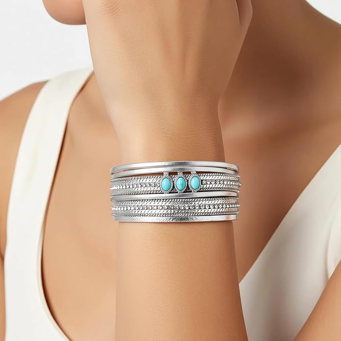 Edoneery Leather Wrap Bracelet for Women, Boho Handmade Multi-Layer Cuff with Crystal Beads Heart, Stackable Bangle Western Jewelry Gift