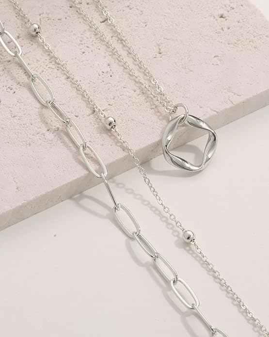 Layered Gold Silver Necklace for Women Non Tarnish,Dainty Choker Statement Chunky Necklace Stack Charm Pendant Chain Necklace Set 14K Gold Plated Long Stacked Womens Necklaces Trendy Jewelry Gift