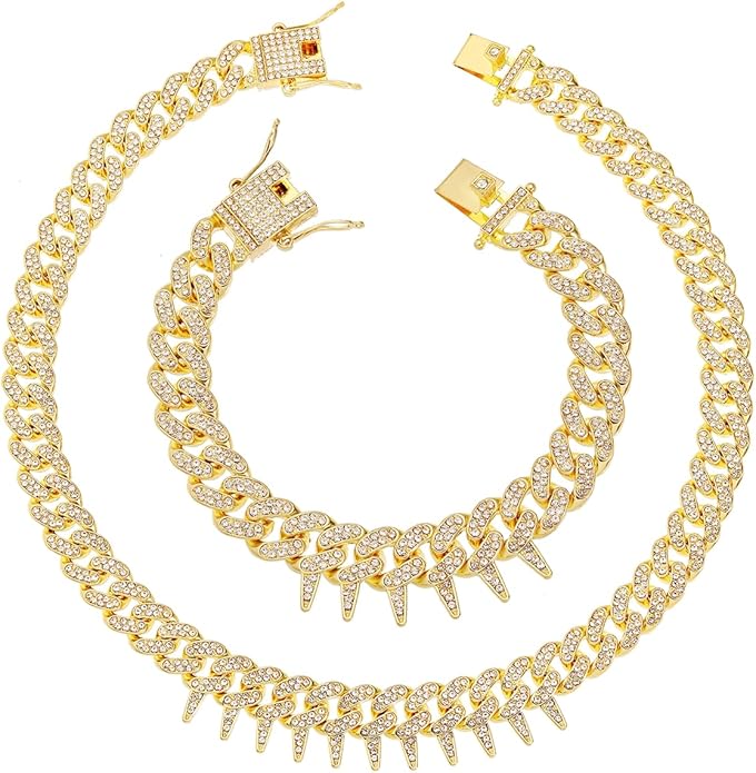 HH BLING EMPIRE Mens Gold Silver Plated Spike Cuban Link Chain Necklace and Bracelet Sets, Chunky Iced Out Diamond Miami Cuban Link Chains Hip Hop Jewelry