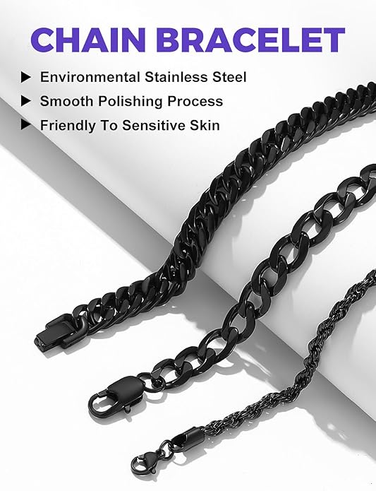 Richsteel 2PCS/3PCS Bracelets Chain for Men Women Stainless Steel Silver/Gold/Black Cuban/Rope Link Chain Bracelets Set, 7.4/8.2/9 Inch Hand Chain Length for Men Women Jewelry