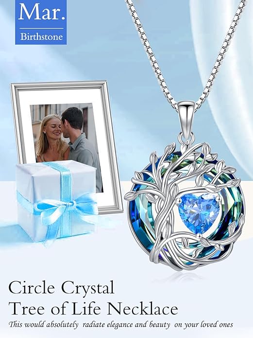 TOUPOP Christmas Gifts Tree of Life Birthstone Necklace 925 Sterling Silver Pendant Austrian Crystal Jewelry Anniversary Birthday Gifts for Women Mom Her Wife