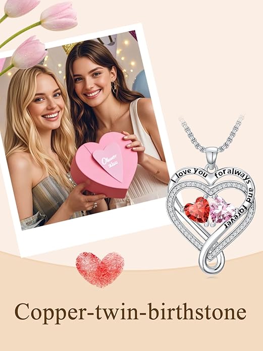 I Love You for Awlays and Forever Double Heart Necklace with Birthstone, 2 Birth Stone Jewelry Anniversary Valentines Mothers Day Christmas Birthday Gifts for Women Her Wife Girlfriend Mom Mother