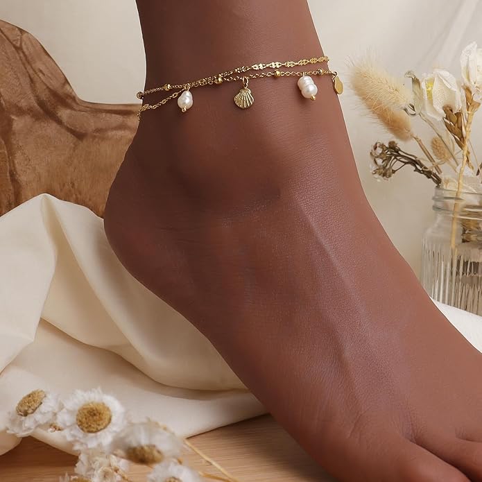 Dainty Gold Shell Pearl Charm Ankle Bracelet for Women Trendy non-Tarnish Adjustable Anklet Summer Beach Fashion Jewelry Gift