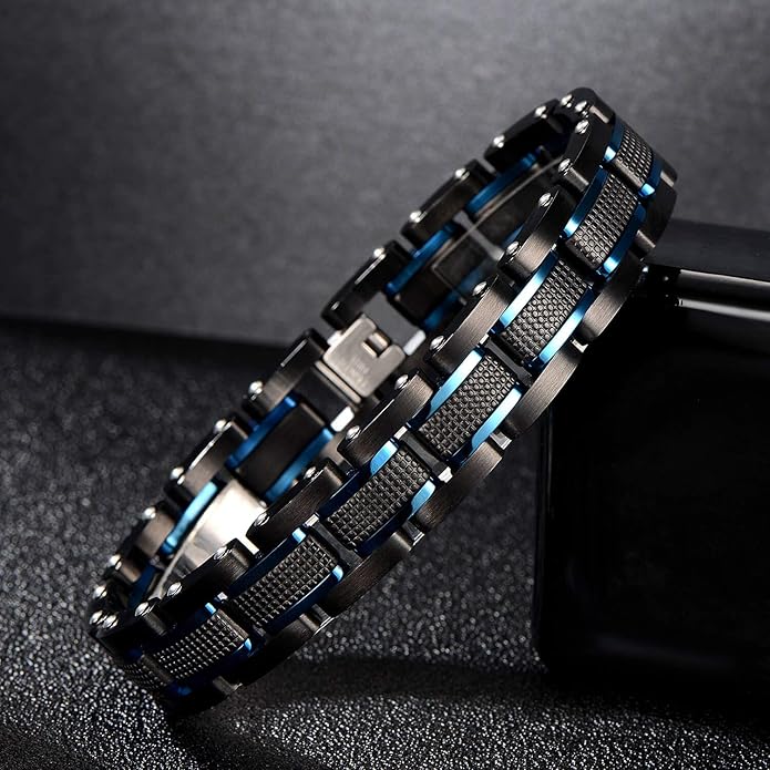 Men's Stainless Steel Two-Tone Square Link diamond Bracelet in Black & Blue Ion-Plated Black