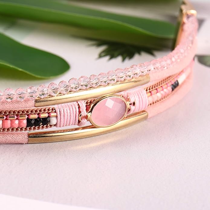 FANCY SHINY Leather Wrap Bracelets Crystal Beads Bracelet Boho Cuff Stone Charm Bracelets with Clasp Costume Jewelry for Women