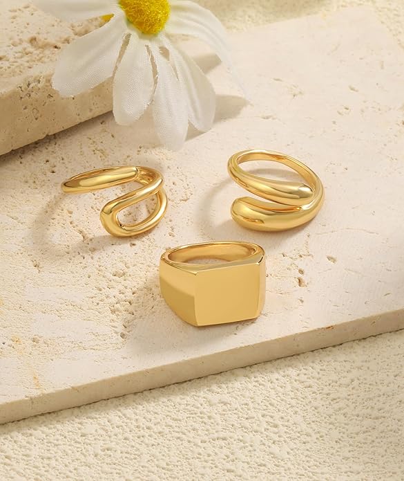 ZOERAY Chunky Gold Rings for Women Non Tarnish Trendy 14k Gold Plated Adjustable Signet Band Stackable Thumb Ring Set Open Twist Dome Statement Stacking Rings Jewelry Gifts for Women Size 5-10