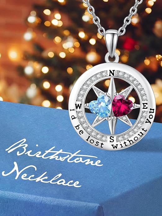 Compass Birthstones Necklace for Women, Exquisite Anniversary Birthday Gifts for Wife Her Double Birthstone Pendant jewelry ‘I'd be Lost Without You’