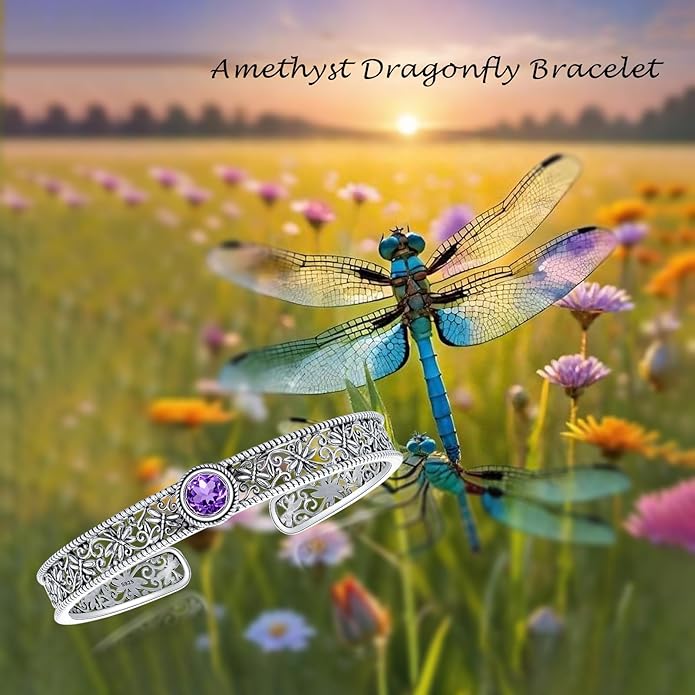 Vintage Dragonfly Filigree Cuff Bracelet, 925 Sterling Silver Adjustable Natural Gemstone Bangle, Boho Insect Jewelry Gift for Women
