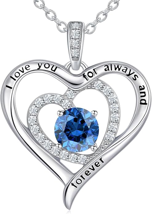 S925 Sterling Silver Necklace for Women, Christams Gift for Women, Love Heart Birthstone Necklaces for Women, Wife Jewelry, Mom Birthday Valentines Mothers Day Gifts, Girlfriend Necklaces, Daughter Heart Jewel, Anniversary for Her