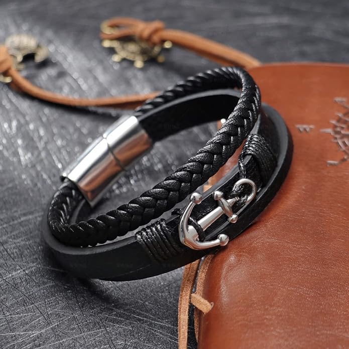 Italian Handmade Genuine Leather Bracelets for Men Stainless Steel Clip, Men's Casual Genuine Multi-layer Cuff Bracelet, Bracelet Gift for Real Men