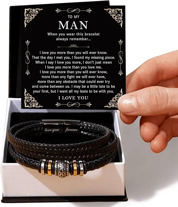 Mapileng To My Man – Braided Leather & Stainless Steel Bracelet with Heartfelt ‘Love You Forever’ - Elegant Gift Box Included, Gift from Girlfriend or Wife for Husband, Boyfriend, or Brother