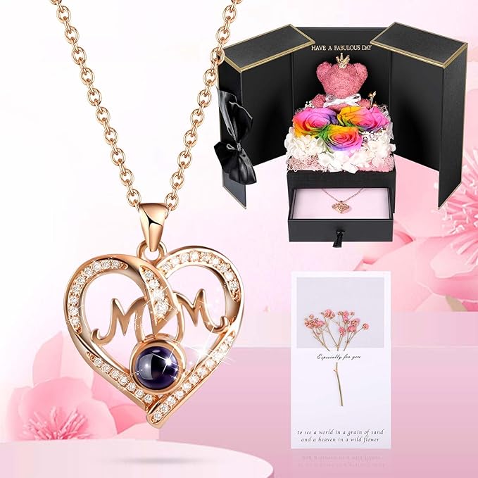 ADDWel Gifts for Mom from Daughter and Son, Unique Mother Birthday Gift Idea, Preserved Real Roses with I Love You in 100 Languages Mom Necklace, Cool Present to Mother Mama