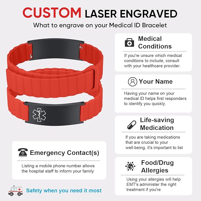 Comfortable Medical ID Bracelet for Men & Women - Custom Engraved Silicone Strap Comfort Fit Medical Alert Bracelets for Sports,Adjustable Waterproof Customizable Wristband for Diabetic
