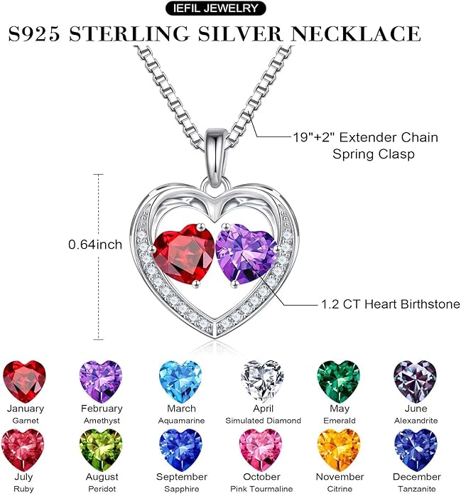 Iefil Christmas Gifts for Women Wife - 925 Sterling Silver Heart Birthstone Necklace, Anniversary Birthday Gifts for Women Wife Girlfriend Mom, Birthstone Jewelry Gift for Her