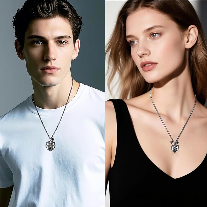 Flpruy 925 Sterling Silver Black Gothic Jewelry Gifts Skeleton Couple Pendant Crystal Birthstone Heart Necklace Punk Romantic Jewelry for Lover Men Women
