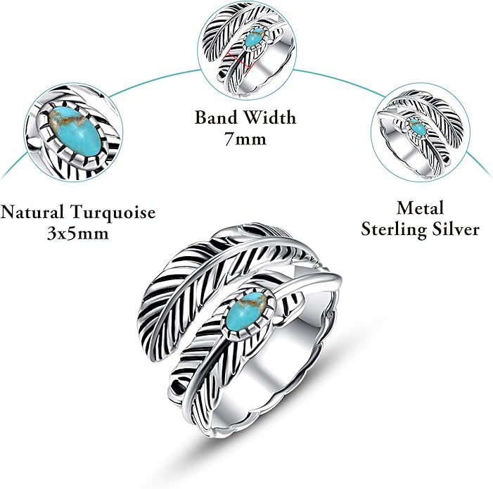 Sterling Silver Feather Ring with Black Onyx & Turquoise - Adjustable Stacking Vintage Statement Ring for Women & Men