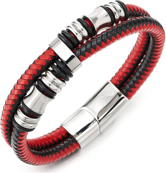 COOLSTEELANDBEYOND Mens Double-Row Braided Leather Bracelet Bangle Wristband with Stainless Steel Ornaments