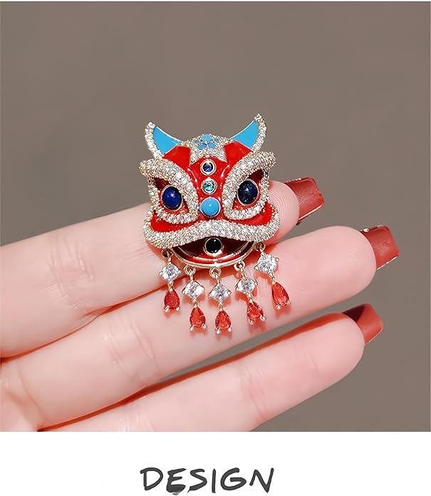 Chinese Lion Dance Brooch, Vintage Enamel Floral & Cat Eye Pearl Adjustable Lapel Pin for Women & Men – Traditional Asian Style Awakening Lion Brooch for Jacket, Blazer, Scarf, Qipao, Wedding, Festival Gift (Gold/Red/Blue)