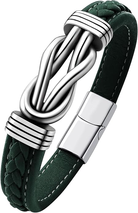 Mens Black Braided Leather Bracelet, Green/Red/Brown/Black Braided Leather Infinity Knot Bracelets for Men with Stainless Steel Clasp, 7.5/8.5/9in Length
