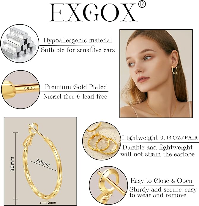 2MM Thin Gold Hoop Earrings Sterling Silver Post Hoop Earrings For Women Diamond-Cut Gold Hoops Earrings 14K Gold Plated Hoops Earrings Lightweight Hypoallergenic Oversize Gold Earrings For Women