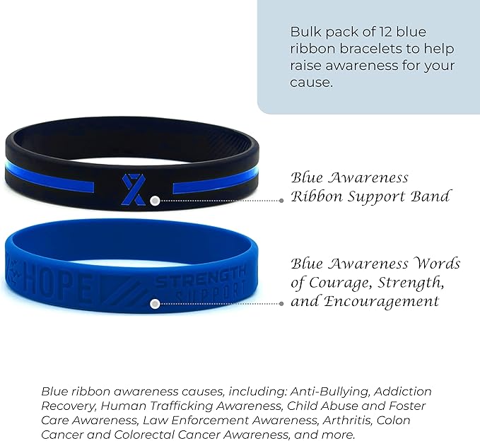 Inkstone (12-pack) Blue Awareness Ribbon Silicone Wristbands - Wholesale Bulk Pack of 1 Dozen Bracelets in Unisex Adult Size…