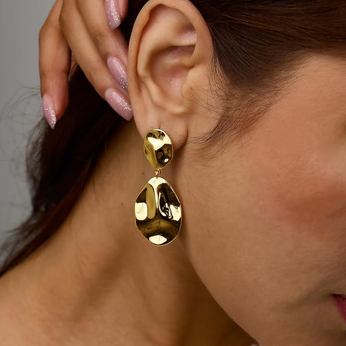 Hefanny Large Hammered Teardrop Dangle Earrings Geometric Chunky Flower Earrings Women's Trendy Statement Jewelry Multiple Styles