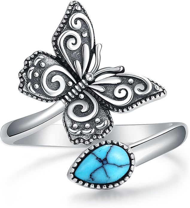 S925-Sterling-Silver Abalone Dragonfly-Turquoise Spoon Ring - Vintage Boho Sunflower Thumb Oxidized Wrap Rings Victorian Style Antique Floral Jewelry Gifts for Women